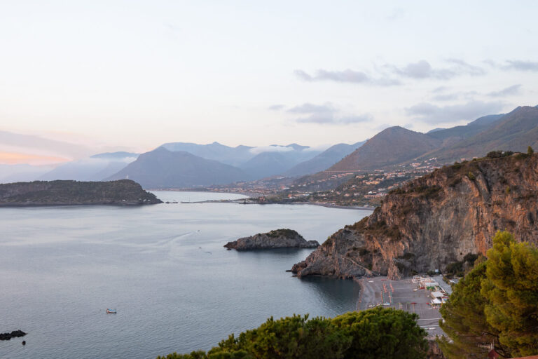 view of san nicola arcella at sunset