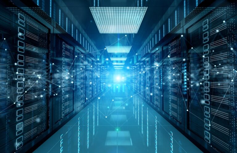 Blue tinted server room with overlay showing connections between the different equipment racks.
